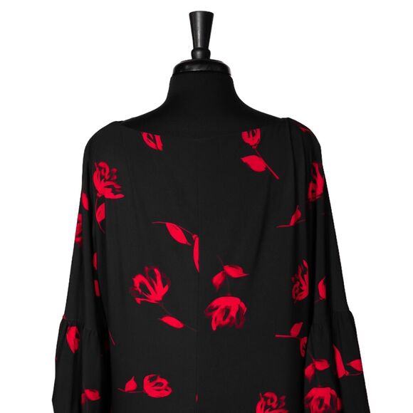 Ralph Lauren Women's Dress Black Red Floral Stretch Bell Sleeve Jersey Midi 20W - Picture 8 of 9